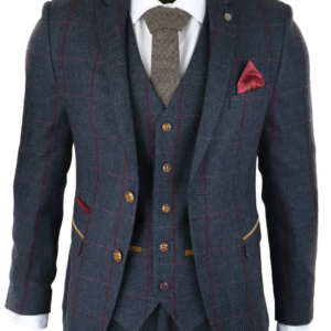 Mens Herringbone Tweed 3 Piece Navy Red Check Suit Vintage 1920s Tailored Fit